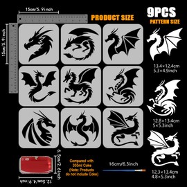 FINGERINSPIRE 9 PCS Dragon Painting Stencil 5.9x5.9inch Dragon Silhouette Template with Paint Brush Hollowed Dragon with Wings Stencil Reusable Pterosaur Template Fantasy Theme Stencil for DIY Crafts