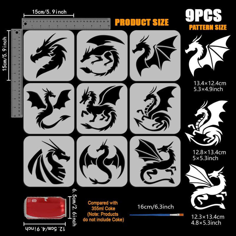 FINGERINSPIRE 9 PCS Dragon Painting Stencil 5.9x5.9inch Dragon Silhouette Template