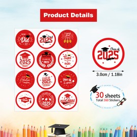 Lucleag 360PCS Red 2025 Graduation Stickers, Class of 2025 Congrats Grad Stickers, Circle Graduation Gift Tags Stickers, 2025 Graduation Envelope Seals Candy Stickers Red