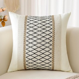 Sungeek Boho Decorative Cushion Cover 60x60cm, Cotton & Burlap Textured Striped Woven Bohemian Farmhouse Throw Pillow Cover Pillowcase for Sofa Couch Living Room, Beige & Black Grid, 1 PCS