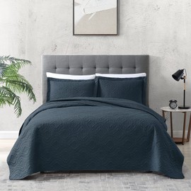EXQ Home Quilt Set Full/Queen Size Navy 3 Piece,Lightweight Soft Coverlet Modern Style Wheat Pattern Bedspread Set(1 Quilt,2 Pillow Shams)
