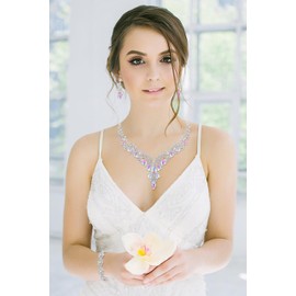 Paxuan Wedding Bridal Bridesmaid Austrian Crystal Rhinestone Jewelry Sets Statement Choker Necklace Earrings Bracelets Sets for Wedding Party Prom (Necklace + Earring + Bracelet (Iridescent AB))
