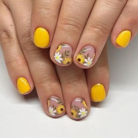 Yellow Press on Nails Flower Fake Nails Short Squoval with Design Nude Glue on Nails Glossy Artificial Acrylic Full Cover Sunflower Stick on Nails for Women Girls Valentine's Day Manicure 24pcs