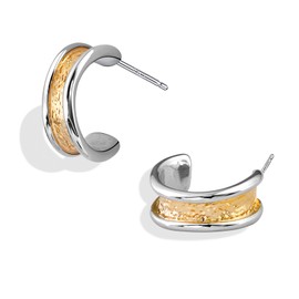C-Shaped Two Tone Stud Earrings, Silver and Gold Plated, Hammered Texture, Hypoallergenic for Women