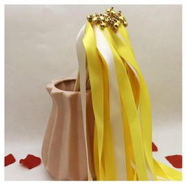 Hrlace Pack of 50 Wedding Wands Wedding Streamers with Bells Ribbon Wand Ribbon Fairy Stick Wedding Fairy Sticks Lucky Sticks Silk Fairy Stick for Weddings Birthday Party Yellow Pack of 50