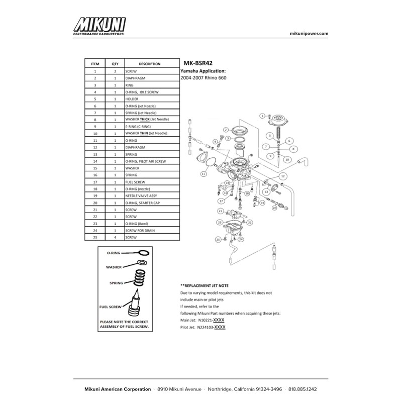 Mikuni Carburetor Rebuild Kit for Yamaha Rhino 660 ATVs
