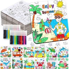 24Set Summer Arts & Crafts for Kids Adults Bulk, Hawaiian Summer Activity DIY Puzzle Kit with Beach Tropical Palm Tree, Luau Ocean Theme Painting for Classroom Party Favors Gift Coloring Game Supplies