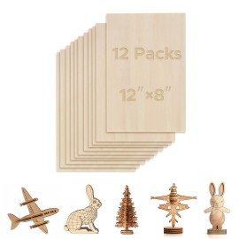 OMTech 12 Pack Basswood Sheets 12x8 Inch Plywood Sheets for Crafts 1/8" Thick