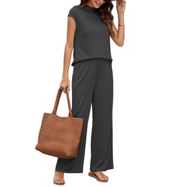 AiMgFUN Women's 2 Piece Sets Summer Travel Airplane Outfits Sleeveless Wide Leg Casual Lounge Sets Pullover Tops With Pockets Dark Grey-XL