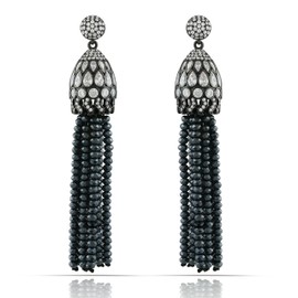 JanKuo Jewelry Black Rhodium Silver Plated Beaded Tassel with CZ Earrings
