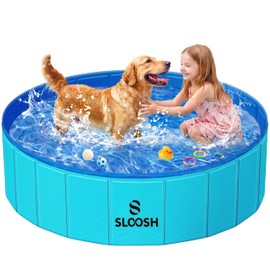 SLOOSH Foldable Dog Kiddie Pool - Portable Hard Plastic Doggie Swimming Pool, Anti-Slip Collapsible Pets Bath Tub Suitable for Kids Indoor Outdoor Backyard Use (Blue, 48" x 12")