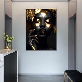 African Art Wall Decor Elegant African American Wall Art Black and Gold Leaf Women Portrait Print Painting Framed for Home Living Room Bedroom Decor