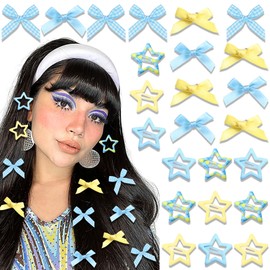 STGDAK 24 Pcs Star Hair Clips Plaid Blue Mini Hair Bow Clips Cute Satin Ribbon Alligator Clip Hair Bow Barrettes Star Clip Kawaii Snap Barrettes Non Slip Yellow Y2k Hair Accessories For Women Girls