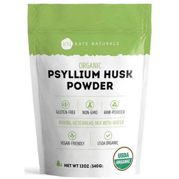 Psyllium Husk Powder (12 oz) for Fiber and Keto by Kate Naturals. USDA Organic, Gluten-Free, Non-GMO. Perfect for Baking & Low Carb Bread. Large Resealable Bag