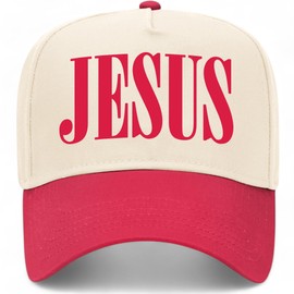 Jesus Vintage Trucker Hat | Premium Snapback Baseball Hat for Men & Women (US, Alpha, One Size, Red/Natural)