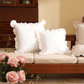 patdrea White Decorative Throw Pillow Covers 18"x18" Set of 2, Farmhouse Linen Pillow Covers with Ruffles, Square Sturdy Throw Pillow Case for Couch Sofa Bed Living Room