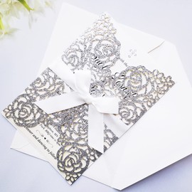 FASTERCY 50PCS 5“x 7.28” Wedding Invitations Cards BLANK Laser Cut Rose Flowers with Ivory Ribbon and Envelopes for Qinceanera Engagement Birthday Bridal Shower Party Card (Silver Glitter)