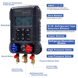 Rogvoc Digital Manifold Gauge, HVAC Refrigerants Digital AC Gauges Set with 2 Thermometer Clamps and 3 Hoses, for R22/R410A/R134A/1234YF Refrigerant Recharge Kit