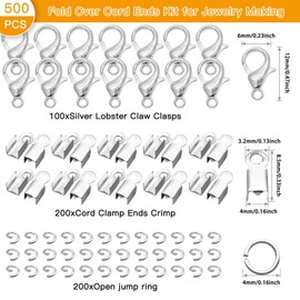 500Pcs Fold Over Cord Ends Kit for Jewelry Making,Jewelry Making Accessories Set Includes 100Pcs Lobster Claw Clasps 200Pcs Jump Ring 200Pcs Cord Clamp Ends Crimp for Leather Ribbon