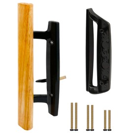 TPard Sliding Glass Patio Door Handle Replacement Set with Oak Wood Inside Handles and Zinc Diecast Outside Pull, 3-15/16" Hole Spacing, Non-Handed, Black
