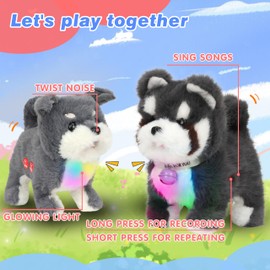 Hopearl Walking Dog Repeat What You Said Interactive Electronic Pet Plush Bark Puppy Toy Animated Singing Speaking Glowing Walking Gift for Toddlers Birthday, Gray, 7''