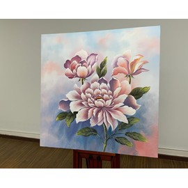 Boieesen Art,35x35Inch Hand Painted Blooming Pink Flower Oil Painting on Canvas Naturalism Style Artwork Peony Floral Wall Art Elegant Flower Paintings Wood Inside Framed Ready to Hang