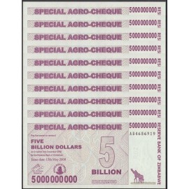 Zimbabwe 5 Billion Dollars Special Agro Cheque, 2008, P-61, UNC X 10 PCS