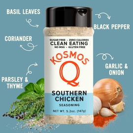 Kosmos Q Southern Chicken Seasoning, All-Purpose Chicken Spice Blend with Garlic, Basil & Thyme, Sugar Free, Zero Calorie, Paleo & Keto Friendly Dry Rub for Poultry, Veggies & More, 5.2 Oz Bottle