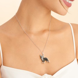 SCAMPER & CO Boston Terrier Pendant Necklace for Women and Girls - Genuine Gemstone and Cubic Zirconia Puppy Charm with Elegant Backplate, Premium Plated Sterling Silver Chain Easy Closure,18 inch