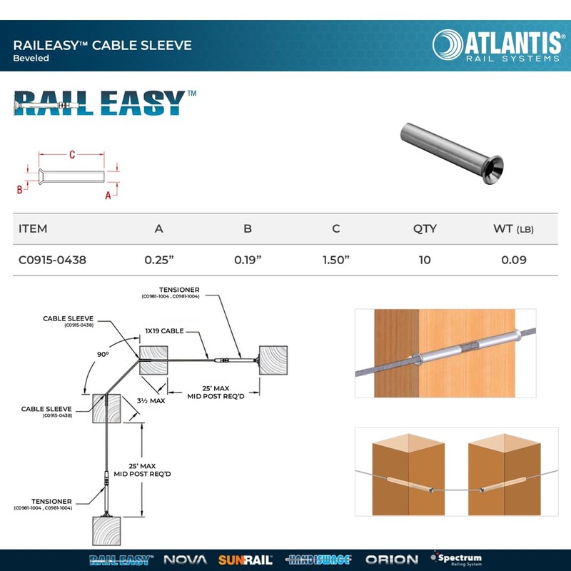 Atlantis RailEasy C0915-0438 Cable Sleeve for 5/32" Cable (Beveled) -
