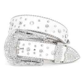 JASGOOD Rhinestone Studded Belt for Men Women, Western Leather Belt for Cowgirl Cowboy Vintage Bling Belt for Pants Dress
