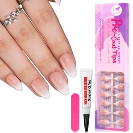 CUZIAM Ombre Press on Nails Short Almond, 64pcs 16 Sizes Gradient Nude Pink White Soft Gel Nail Tips with 6g Solid Nail Glue No Need Lamp, Natural Reusable Glossy Stick on Nails Easy Salon Manicure