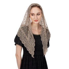 Wgior Triangle Vintage Inspired Lace Chapel Veils Catholic Mass Head Covering Scarf Mantilla Veils for Church (Beige)