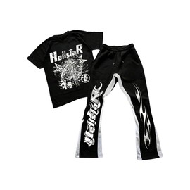RoseSeek Men's Jogging Suits 2 Piece Set Short Sleeve Goth Graphic Tees and Flared Sweatpants Tracksuits Black X-Large