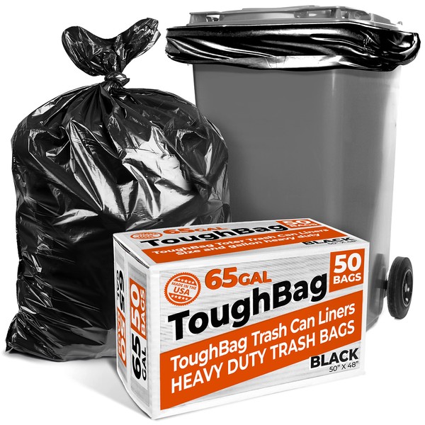 ToughBag 65 Gallon Industrial Trash Bags, 50 x 48” Large Black Garbage Bags (50 COUNT) – Outdoor Garbage Can Liner for Custodians, Landscapers, Lawn Bags - Made In USA