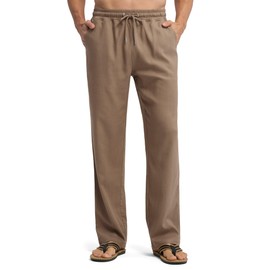 Willit Men's Linen Pants Casual Beach Summer Pants Drawstring Lightweight Yoga Linen Trousers 30" Dark Khaki M