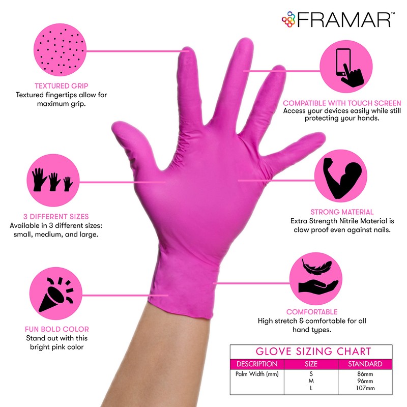 FRAMAR GLV-PP-SML Nitrile Gloves, Pink Pose, 100 Pieces, S