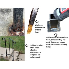 ANVIL No Welding Broken 2+ Step Railing Post Repair Base 3 3/4" H.- FIX Handrails Loose Rusty Metal Outdoor Posts - 1" Hollow Or Solid Posts. Slip-Fit Over Existing 1" Leg Painted Black-w/Bolts