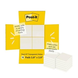 Post-it - Notas adhesivas transparentes, 3 x 3 pulgadas, 12 almohadillas para orejas por paquete, 36 hojas/almohadilla, se pega de forma segura y se quita limpiamente
