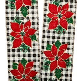 2-1/2 X 10 Yds Poinsettia On Gingham Wired Ribbon Christmas