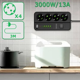 SDKDZKG SDKDZKG Mehrfachsteckdosen, Steckdosenleiste 4-Fach mit Steuerschalter (13A/3000W), Steckdosen mit 4 USB-A 2 USB-C Ladeanschluss (3,1 A/5V), Steckdosenadapter 3M Kabel, f1r B1ro Hause Reisen (Schwarz)