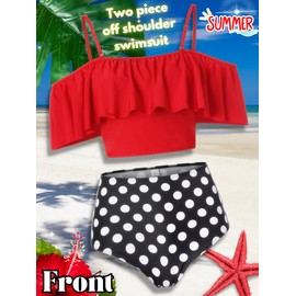 Kaei&Shi Strapless,Strappy Swimwear,Polka Dot High Waisted Flounce Bikini Set,Tummy Control Swimsuits for Women,Off Shoulder Bathing Suit Red Large