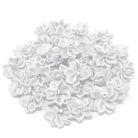 White 25mm Satin Ribbon Flowers with Rhinestone Diamante Centre, Craft Flowers (50)