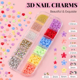 3D Nail Charms, Butterfly Colorful Acrylic Flower Starry AB Gemstones Caviar Beads Half Round Pearl, Flat Back Glass Crystal AB + Clear Round Rhinestones for Nails with Pickup & Dotting Tools