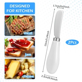 Nogeqi 2PCS Stainless Steel Butter Spreader Knife Cheese Spreader Knives Set with Ceramics Handle Butter Knife for Cold Butter, Jam, Charcuterie, Pastry 5.24 Inch White