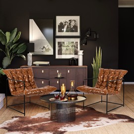 GIA Mid Century Modern Accent Chair for Living Room, Bedroom, and Office, Set of 2, Upholstered in Brown PU Leather with Black Metal Base