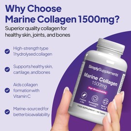 Marine Collagen 1500mg with Vitamin C | 180 Tablets | 60 Days' Supply | High-strength marine collagen | Vitamin C supports normal collagen formation for bones, cartilage and skin | UK made
