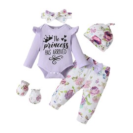 UUAISSO Baby Girls Clothes Sets with Princesses Letter Print Ruffle Long Sleeve Top Flower Pants and Hat Baby Outfits, purple