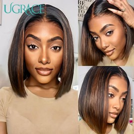Bob Wig Human Hair Pre Bleached Knots Glueless Wear And Go Wigs for Black Women 6X5 HD Lace Front Wigs Pre Cut Lace Pre Plucked Hair Wig(1B/2/30 Highlight, 12 inch)