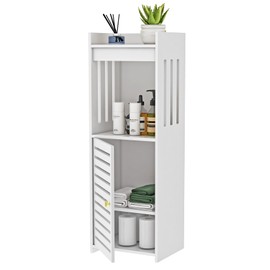 POBOMULI Small Bathroom Storage Cabinet, 4-Tier Narrow Bathroom Organizers with Door and Open Shelf for Toilet Bathroom Small Spaces, White